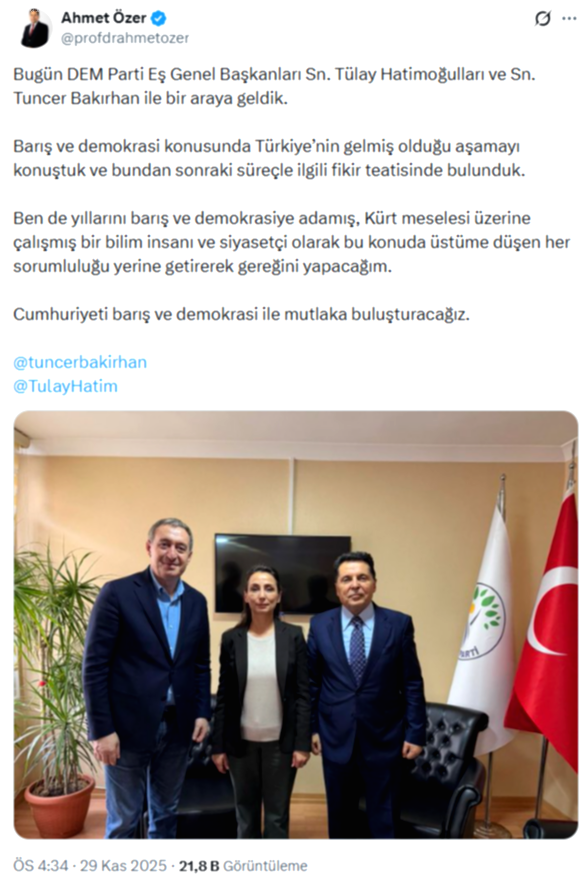 Ahmet Özer, DEM Parti Eş Başkanları Bakırhan ve Hatimoğulları ile Bir Araya Geldi