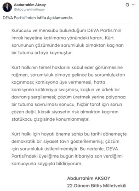 İmralı Komisyonu Tartışmaları Sonrası DEVA Partisi'nde İstifa Şoku!