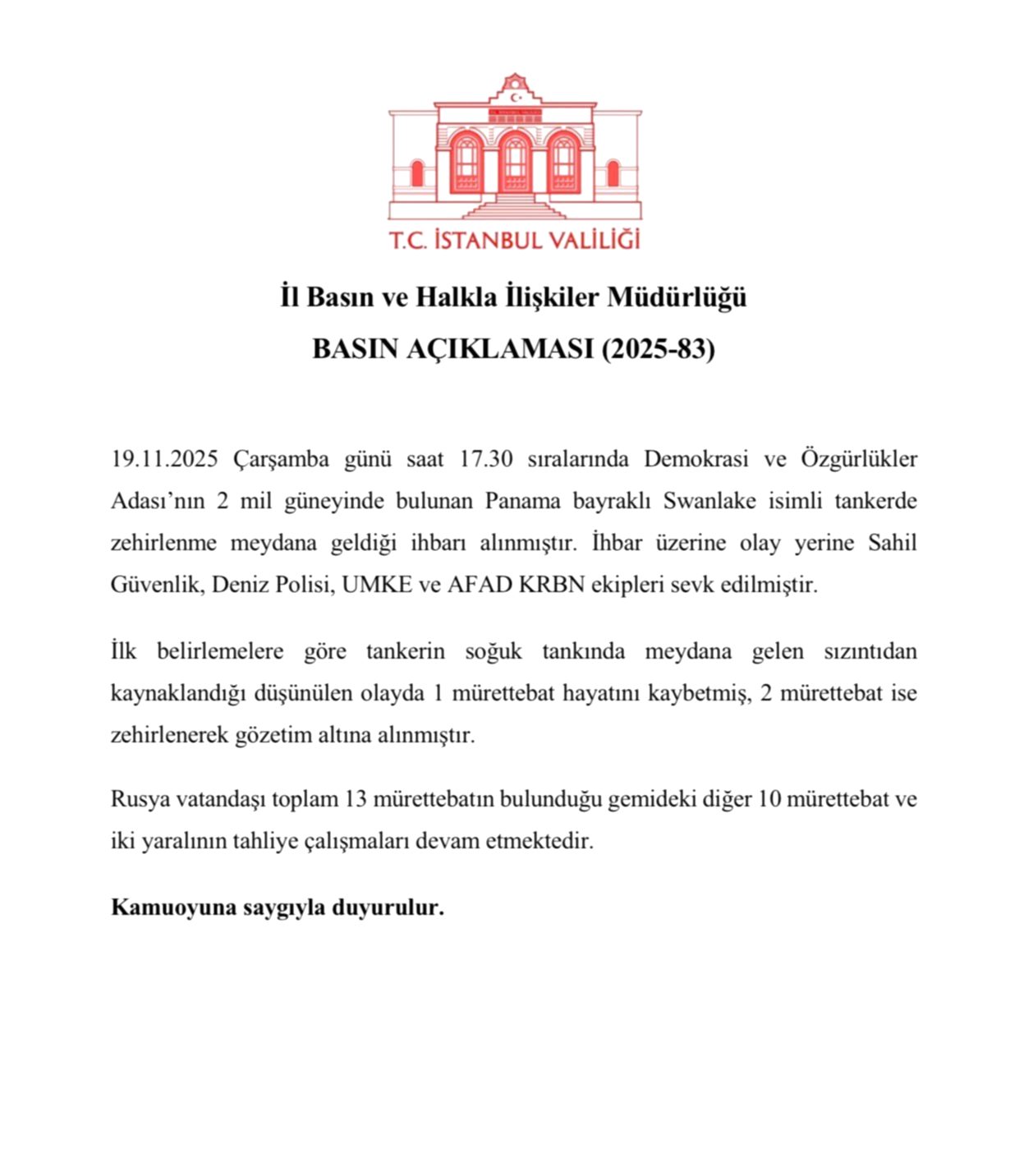 Marmara Denizi'nde Tankerde Zehirlenme Vakası: Bir Ölü, İki Yaralı