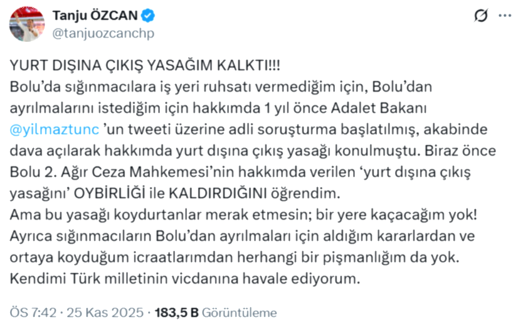 Tanju Özcan'a Uygulanan Yurtdışı Çıkış Yasağı Kaldırıldı