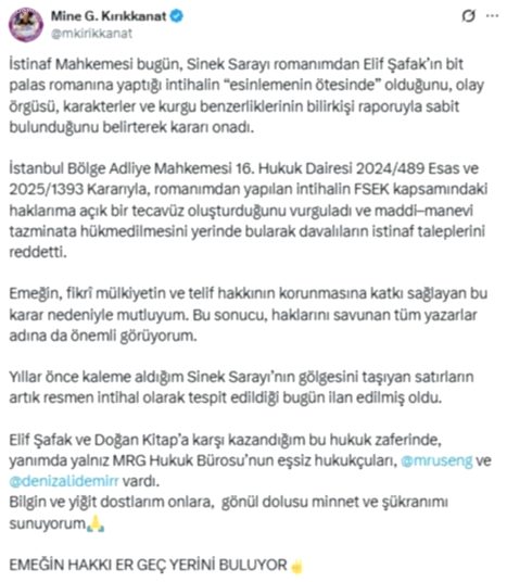 Elif Şafak İntihal Davasında Mahkeme Kararı: Mine Kırıkkanat Haklı Bulundu!