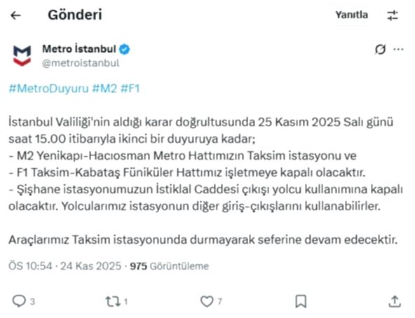 İstanbul'da 25 Kasım Ulaşım Kısıtlaması: Metro ve Fünikülerde Düzenleme